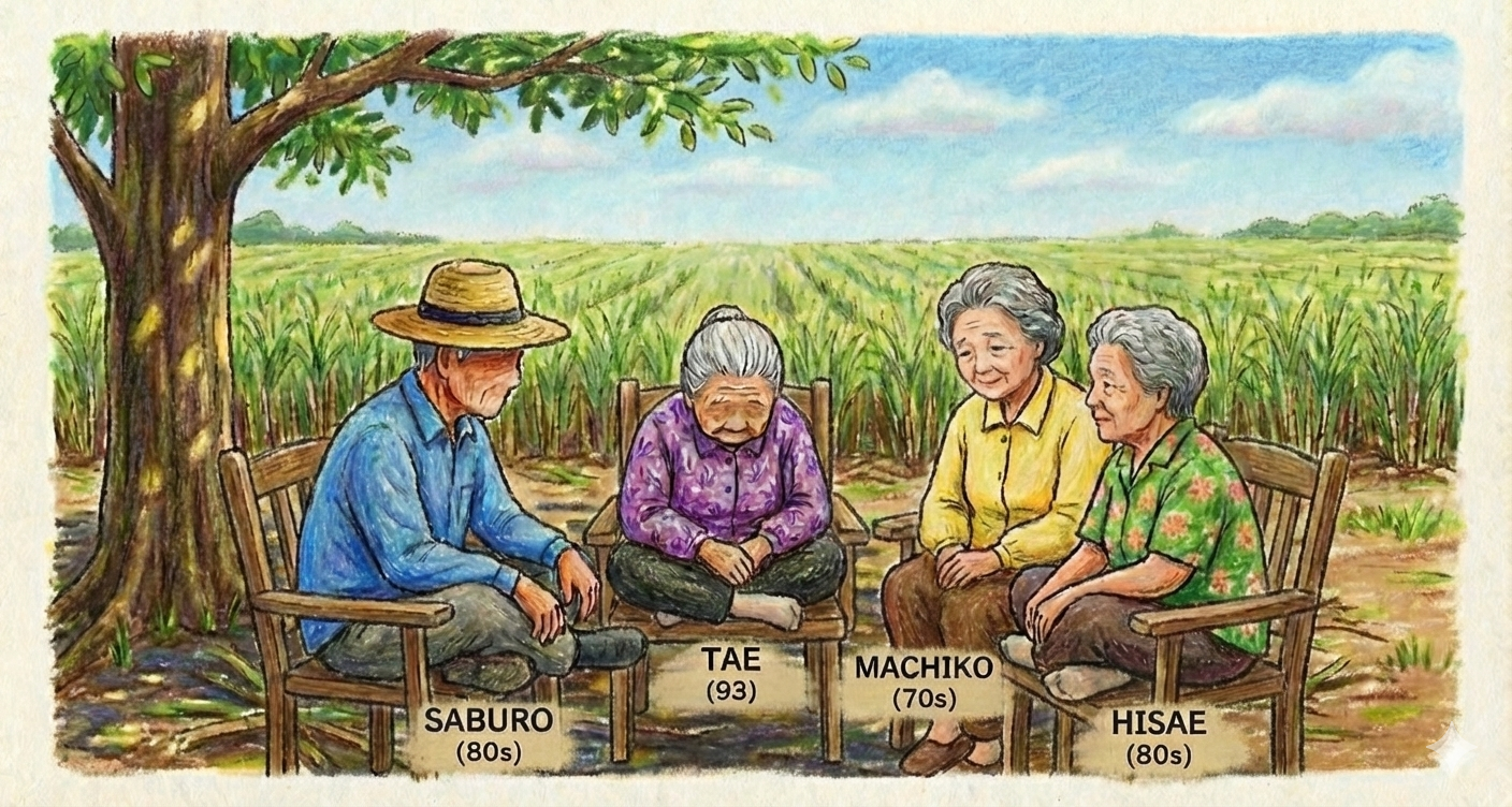 Tae (93), Saburo (80s), Machiko (70s), and Hisae (80s)