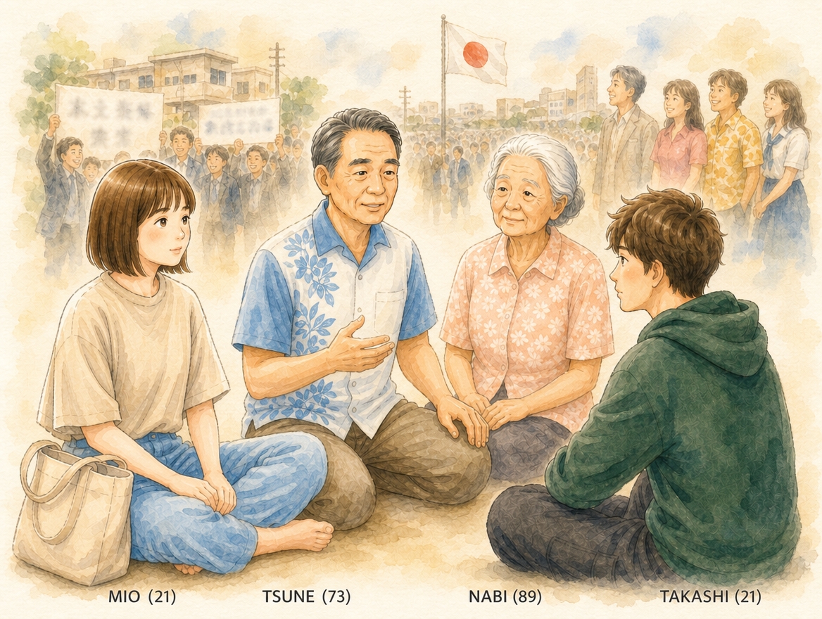 ナビさん（93）・ツネさん（73）・ミオさん（21）・タカシ（21）