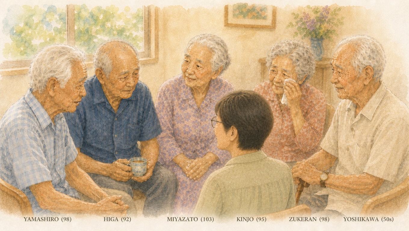 山城さん（98）・比嘉さん（92）・宮里さん（103）・金城さん（95）・瑞慶覧さん（98）・吉川（50s）